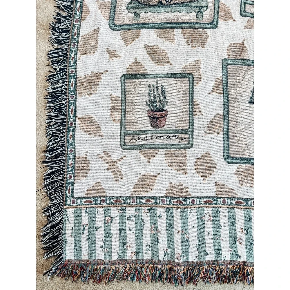 Vintage Pfaltzgraff Naturewood Woven Throw Blanket Afghan Birdhouse Garden 49x60